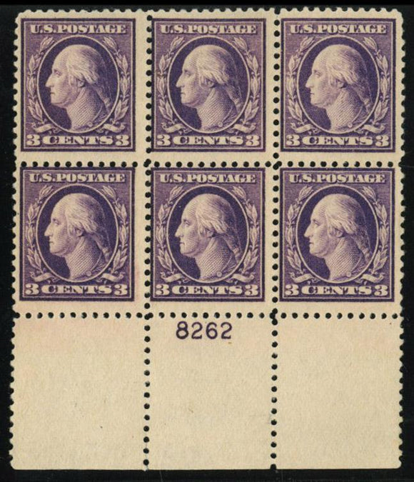 US #502 1917 3c dark violet, plate block of six, hinged, gum crease. Cat. 502