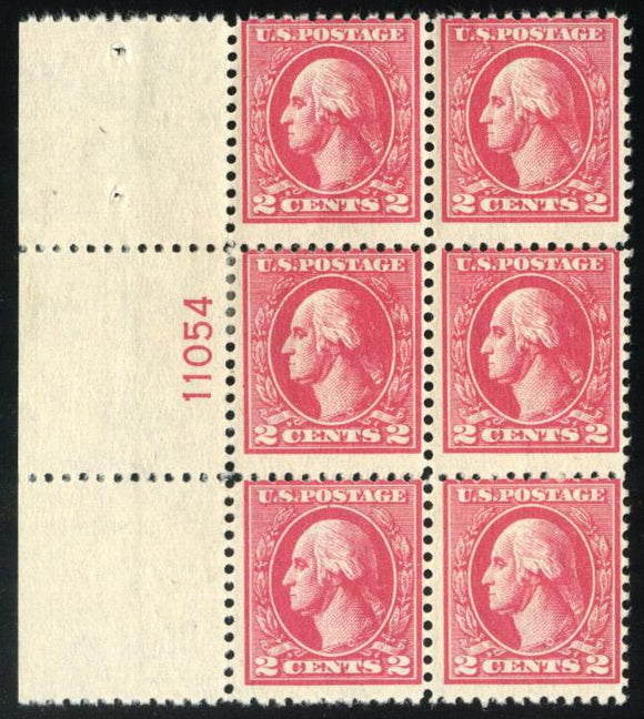 US #528 1920 2c carmine, plate block of six, hinged. Cat. 528