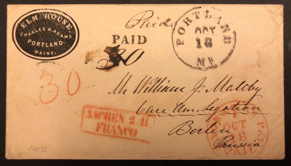 TangStamps US Stampless Cover Portland To Berlin Germany, New York France Cancel