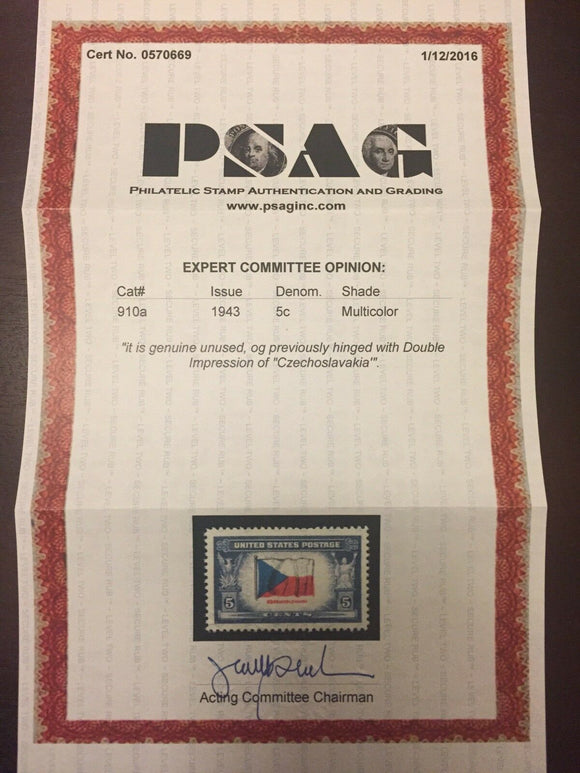 US #910a ERROR, Mint, Double Impression, PSAG Cert, Rare